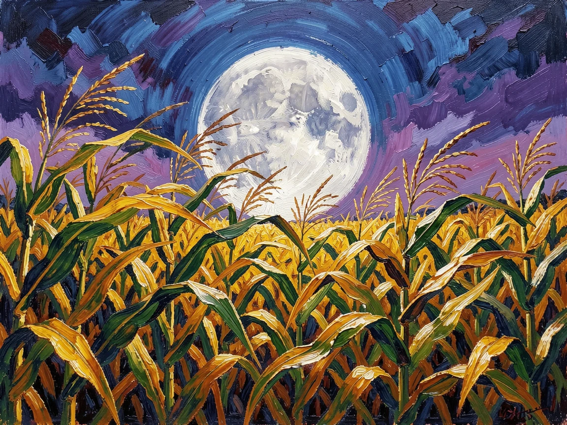 A vast cornfield under a harvest moon, stalks rustling in the evening breeze.