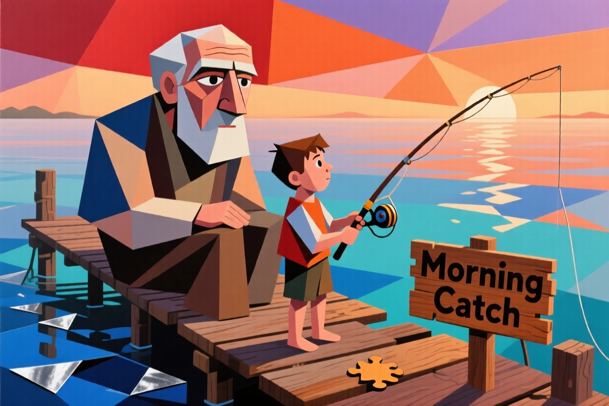 A grandfather showing his grandson how to fish from a wooden dock at dawn.