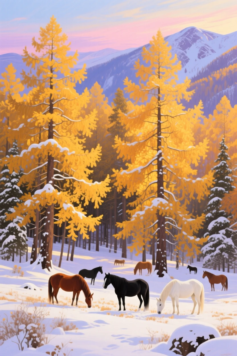 A snowy larch forest in the Altai turns brilliant gold in late autumn just before the needles drop, a small herd of horses grazing beneath the glowing canopy, subtle color shifts across the sky suggesting the slow passage of time within the scene.