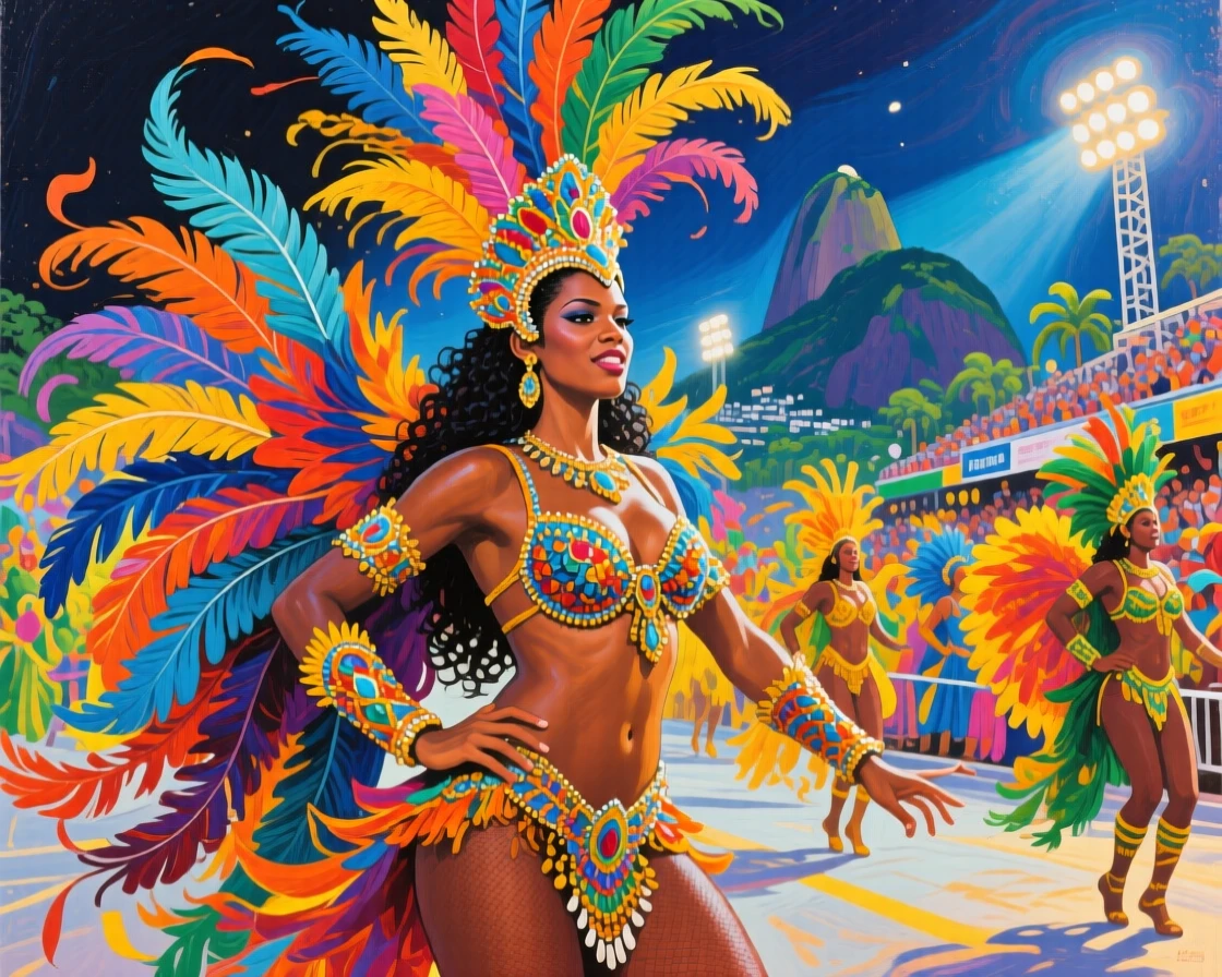 A Rio de Janeiro carnival parade dancer in an elaborate feathered costume under bright stage lights