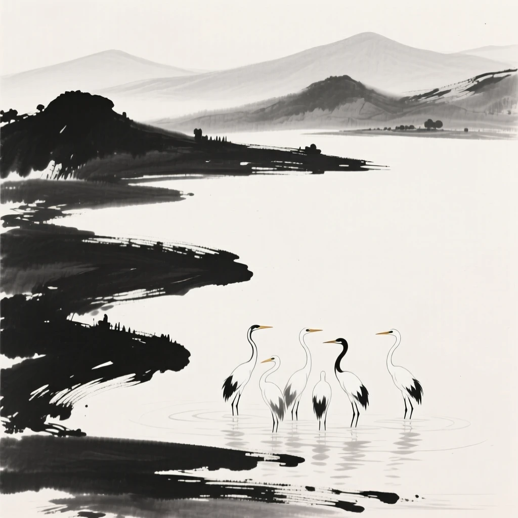 a lake ringed by distant peaks, with a flock of egrets wading in the shallows.