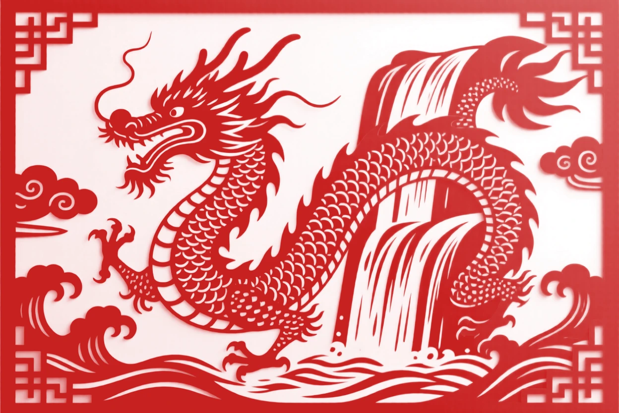 A dragon made of flowing water coiling around a waterfall, scales shimmering like rippling silk