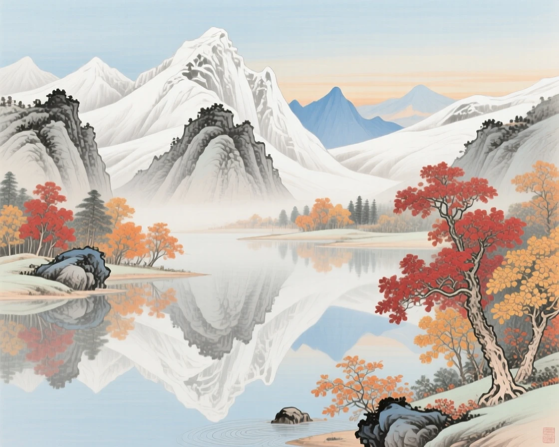 Snow-capped mountains reflected in a still autumn lake