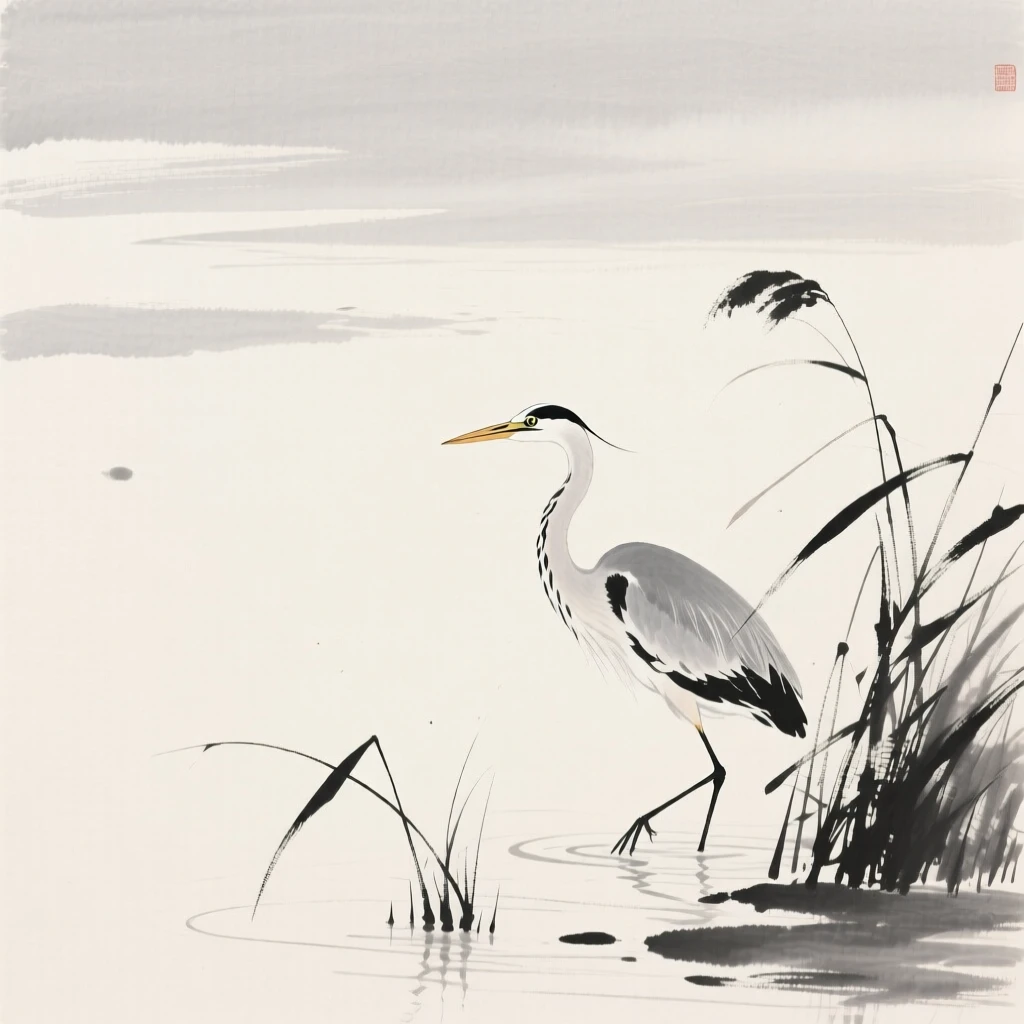 A heron wading through shallow reeds against a pale, empty winter sky, positioned in one corner, leaving airy negative space, capturing a fleeting moment of natural beauty.