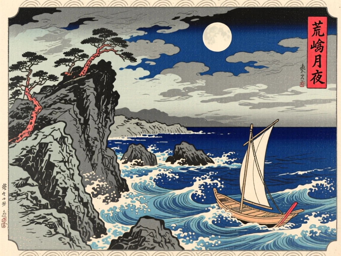 A rugged rocky coastline as a storm gathers on the horizon, under a full moon.