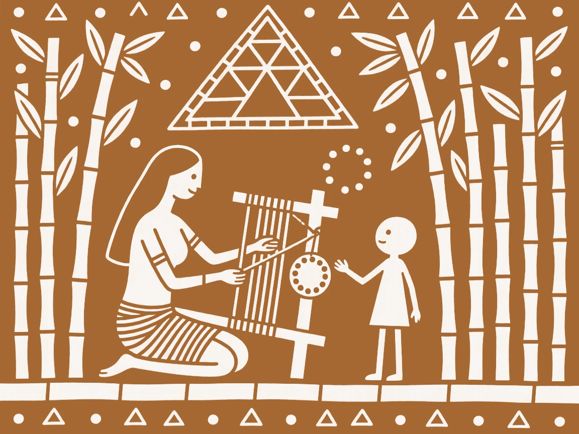 A weaver at her loom passing down a family heirloom in a bamboo grove at the village boundary.
