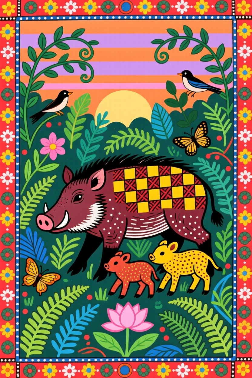 A wild boar leading its young through dense undergrowth at dawn.