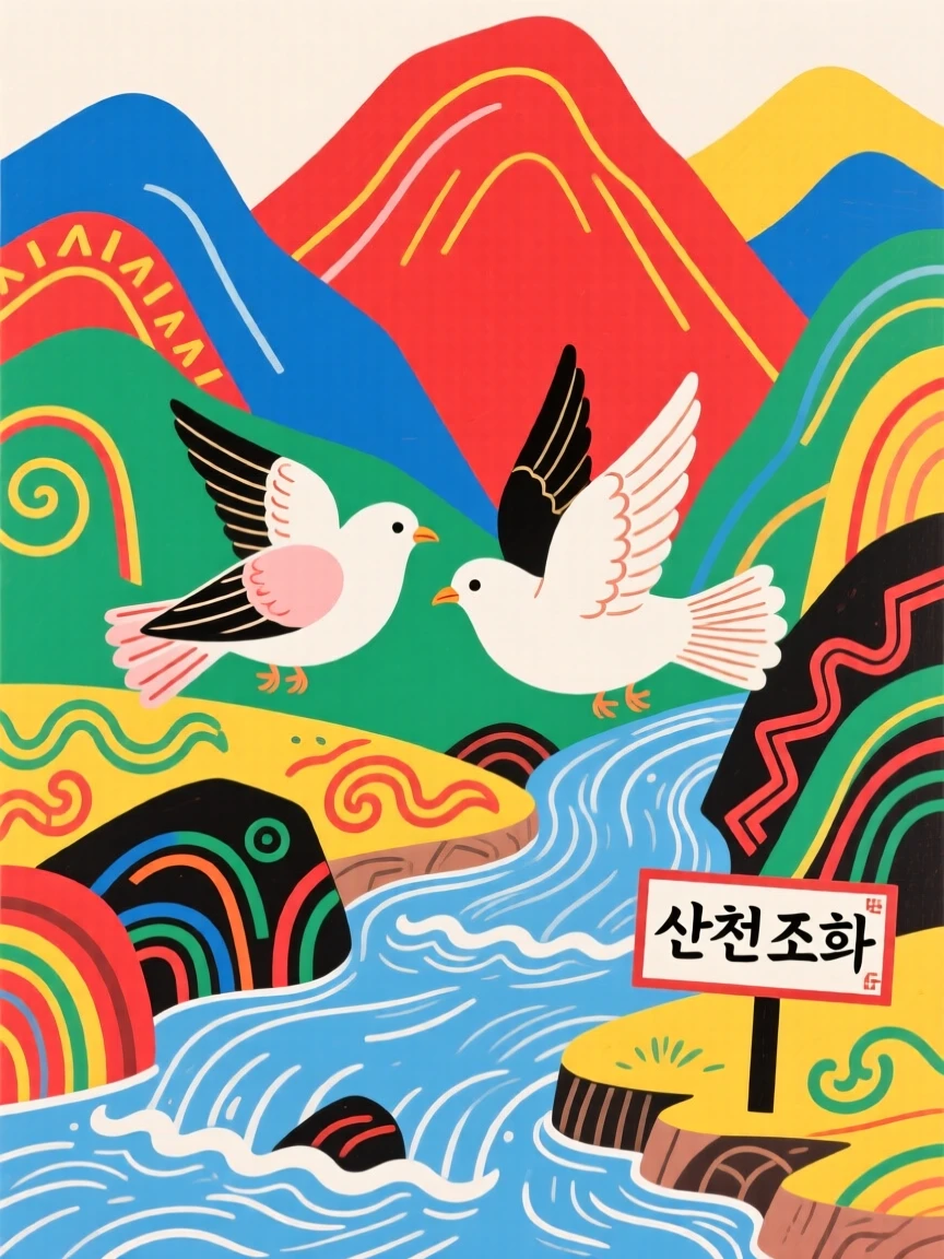 A pair of doves gliding together beside a mountain stream.