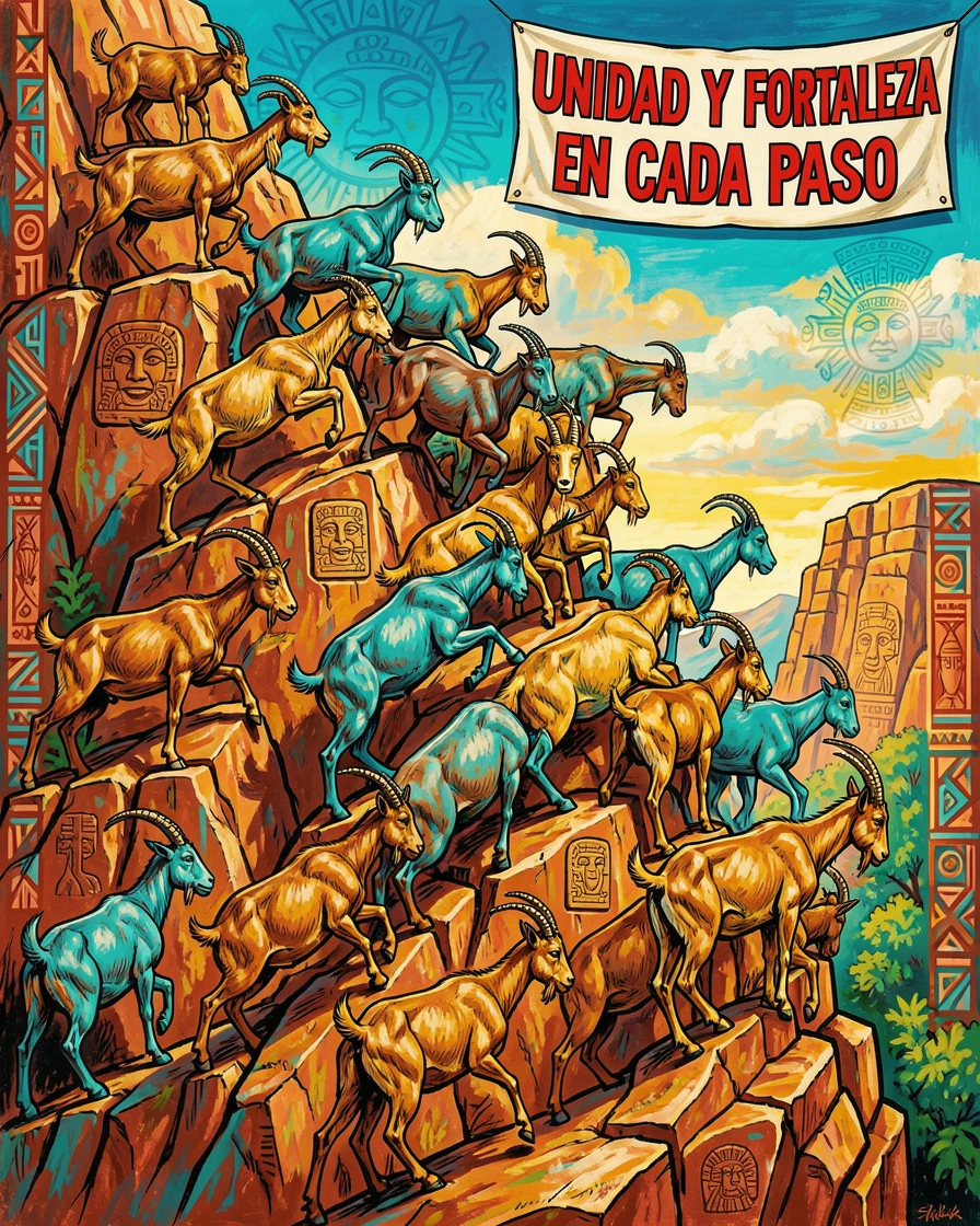 A herd of wild goats climbing a steep rocky cliff