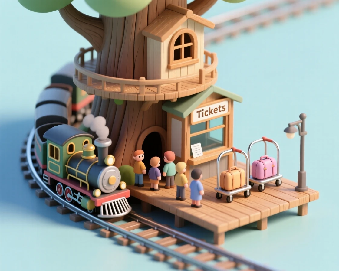 A treehouse train station with a miniature locomotive circling the trunk on tracks, a ticket booth window, luggage carts, and passengers boarding at a tiny platform.