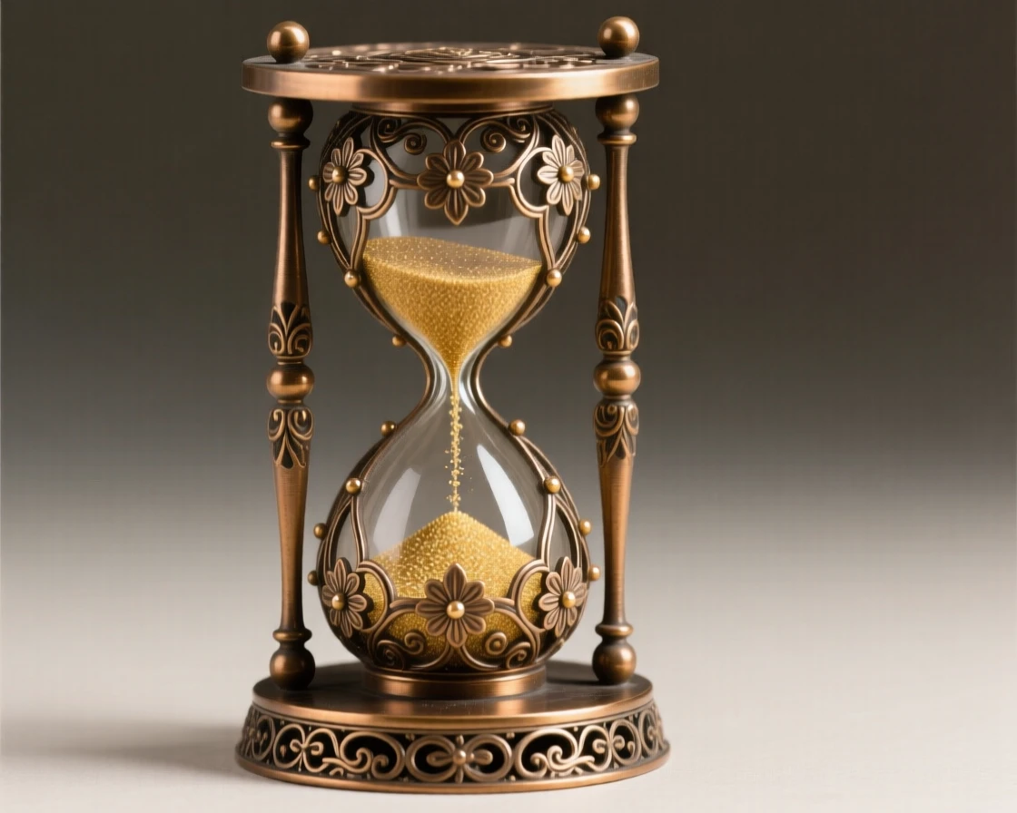 A delicate filigree hourglass filled with golden sand, with delicate texture and fine ornamentation, radiating elegance and refinement