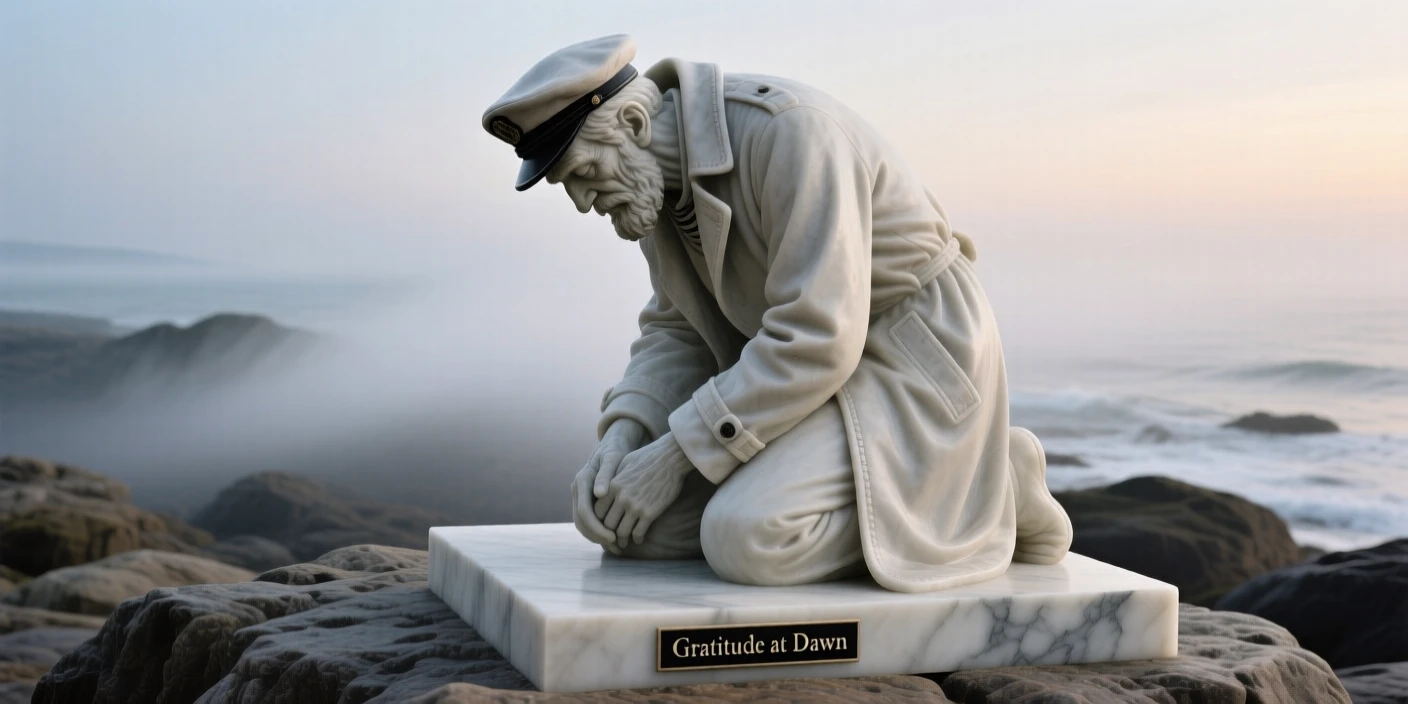 A tender portrait of an old sailor gazing at the horizon, kneeling with head bowed in gratitude, amid swirling fog at dawn, evoking warmth and humanity