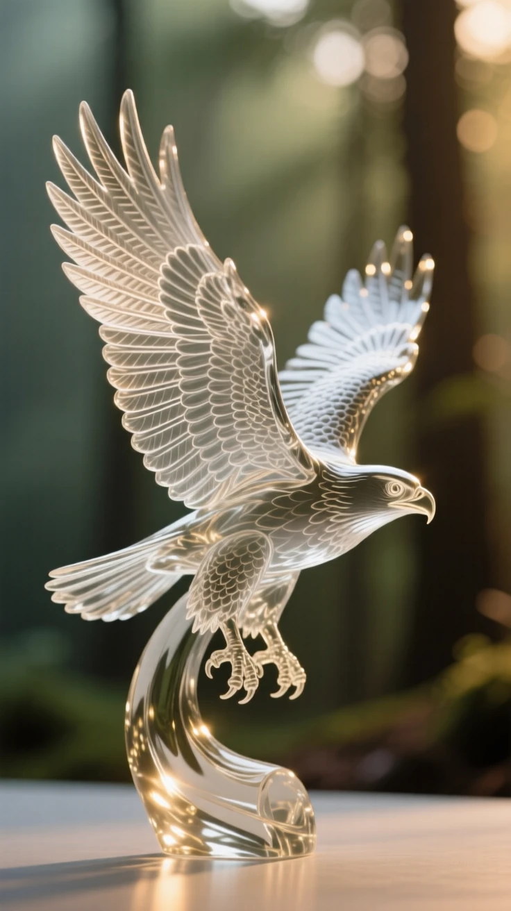 A falcon in flight captured mid-motion against a soft-focus forest backdrop, golden hour light rimming its fur, conveying grace and wild energy.