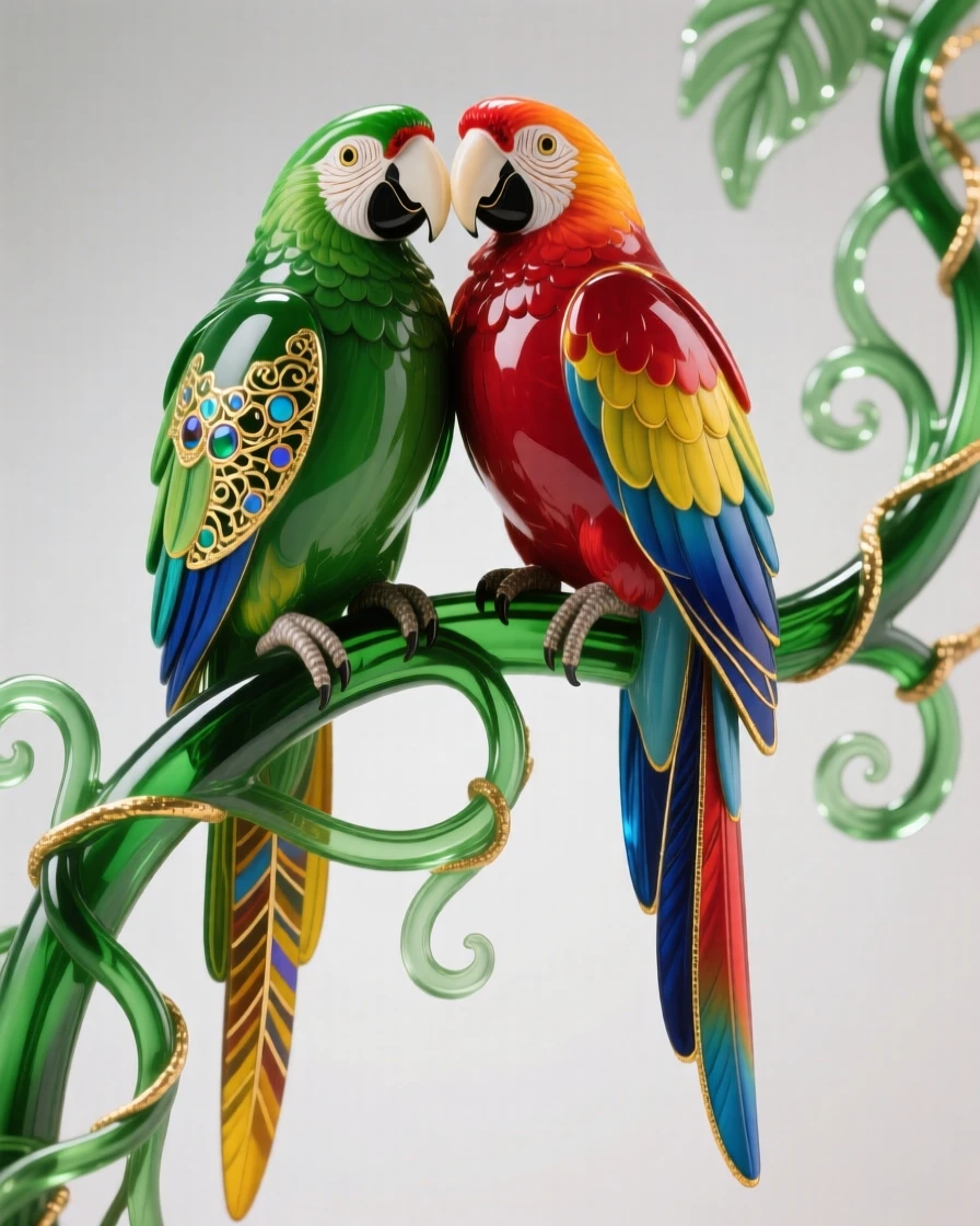 A pair of parrots perched together on a jungle vine, vivid and affectionate.