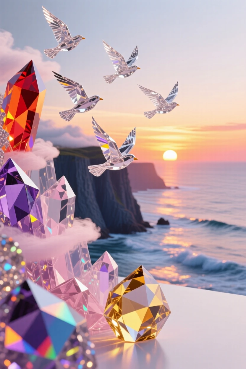 A glowing sunset over layered sea cliffs, birds gliding along the thermals.
