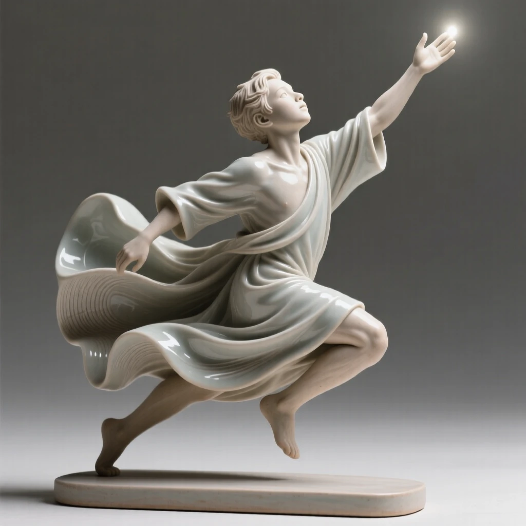 A young athlete captured mid-stride reaching upward as if toward the light, draped in flowing garments that ripple with movement, capturing a universal moment of human connection.