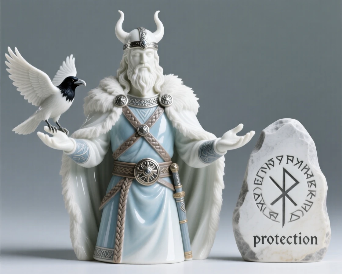 A regal Viking chieftain offering a blessing with open palms, flanked by symbols of ancient power.