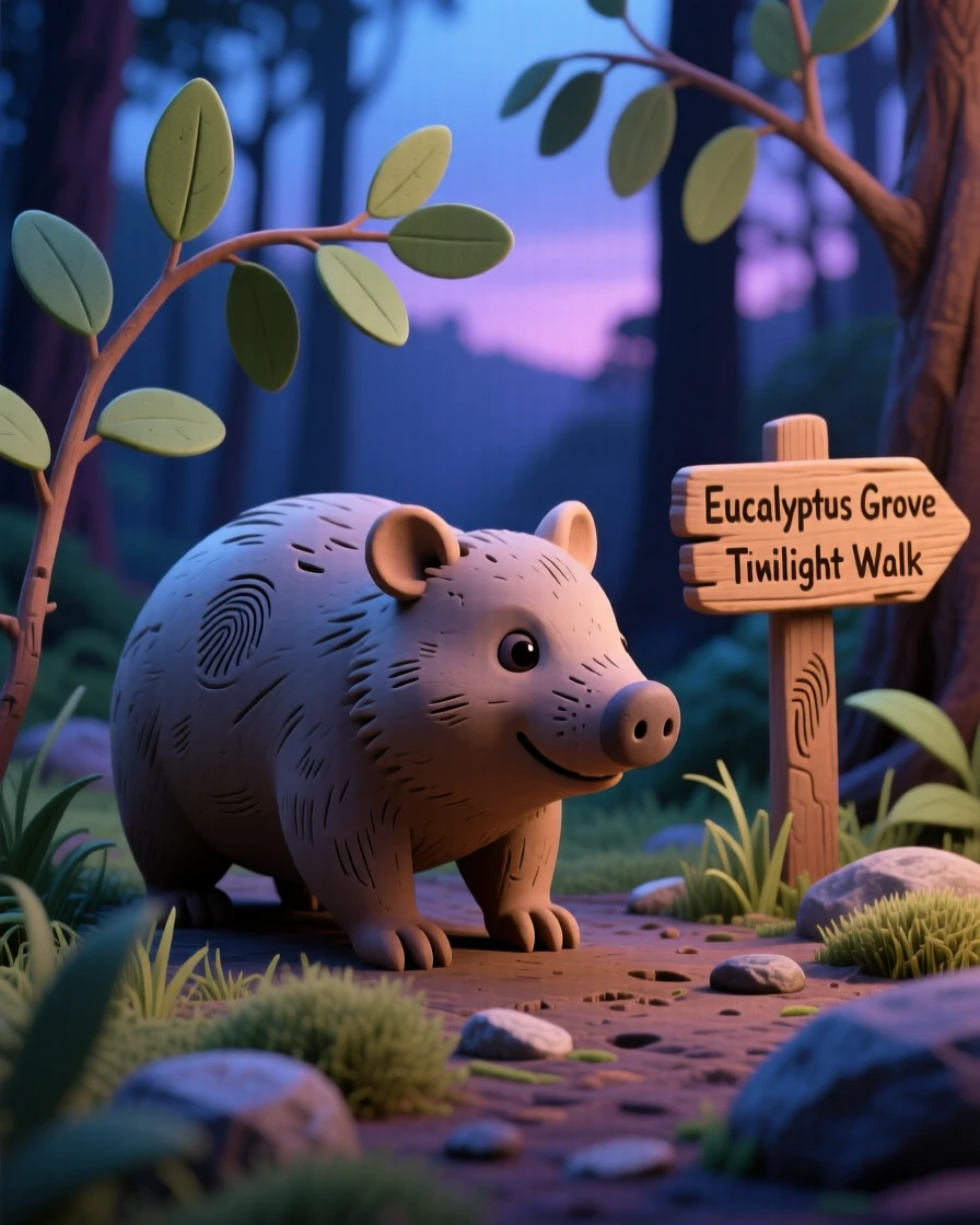 A wombat waddling through eucalyptus forest undergrowth at twilight