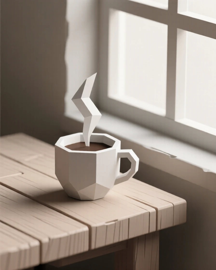 A steaming cup of coffee beside a cozy window, on a rustic wooden table. soft natural light highlights rich textures and colors. The scene feels warm and comforting.