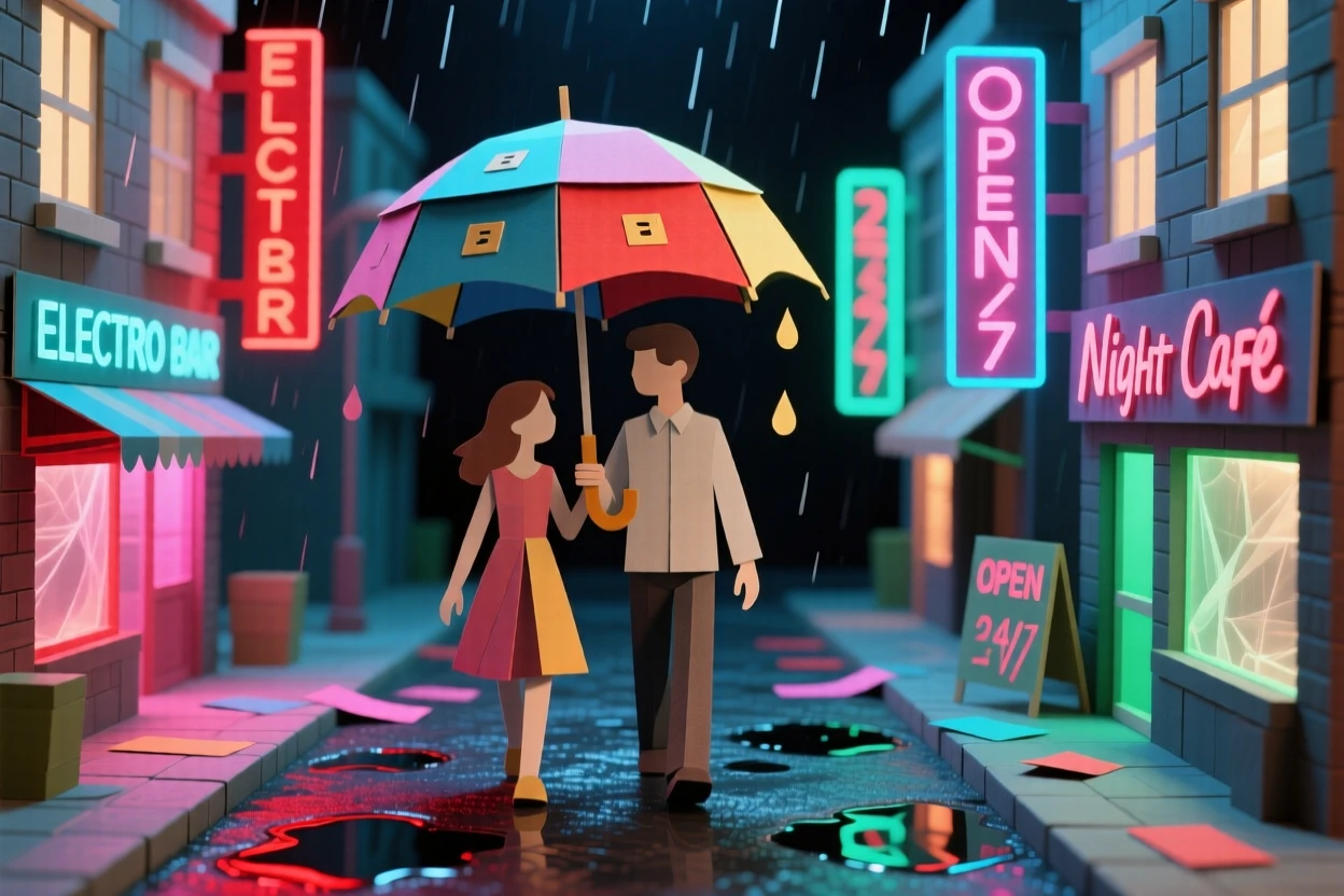 A young couple sharing an umbrella while walking through a rain-soaked city street at night, neon reflections shimmering on the wet pavement, capturing romance amid urban energy.