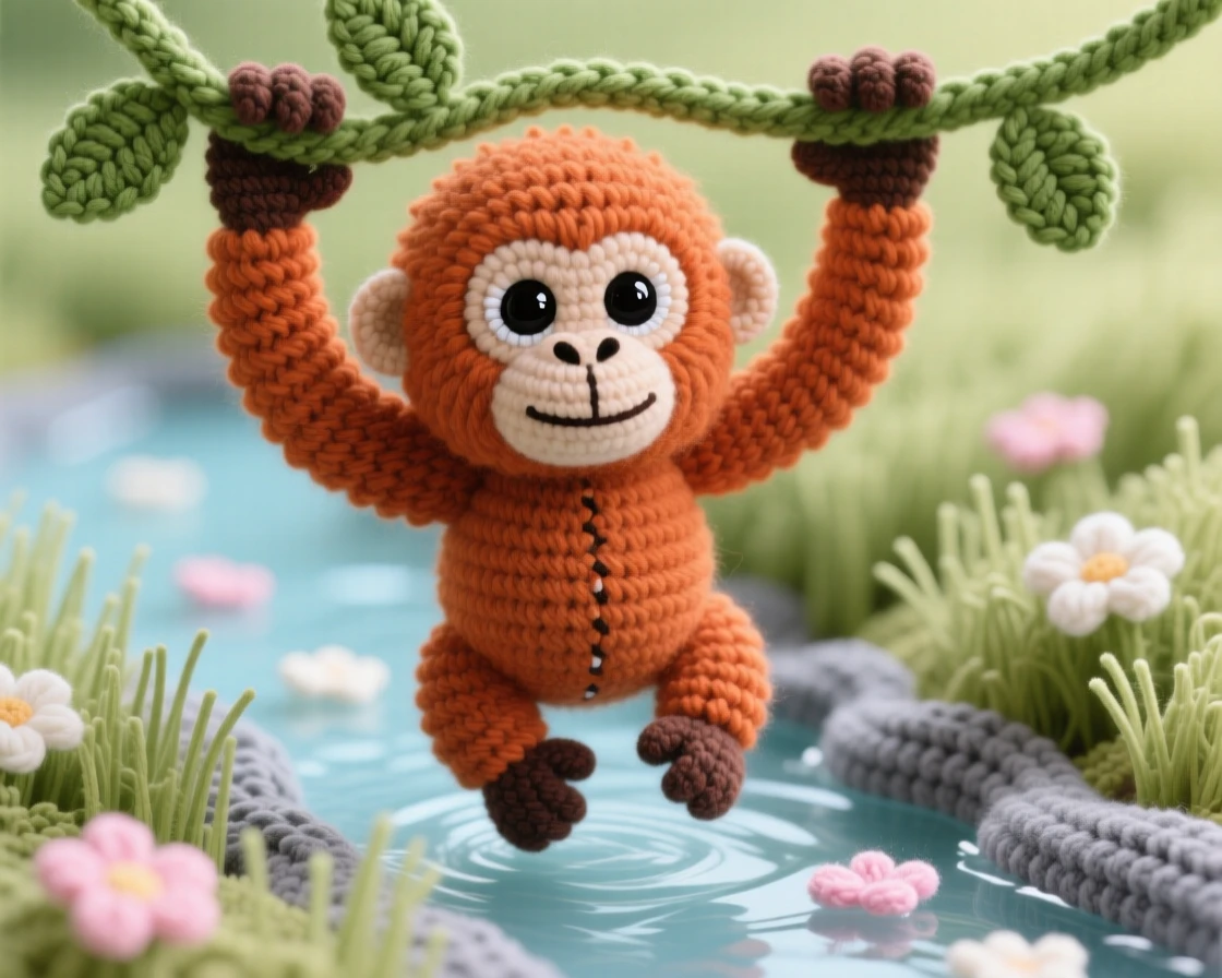 A heartwarming close-up of a baby orangutan, with shaggy orange fur and long arms, swinging gently from a low vine in a shallow creek winding through tall grass; a scattering of soft flower petals completes the scene, radiating quiet contentment and gentle curiosity.