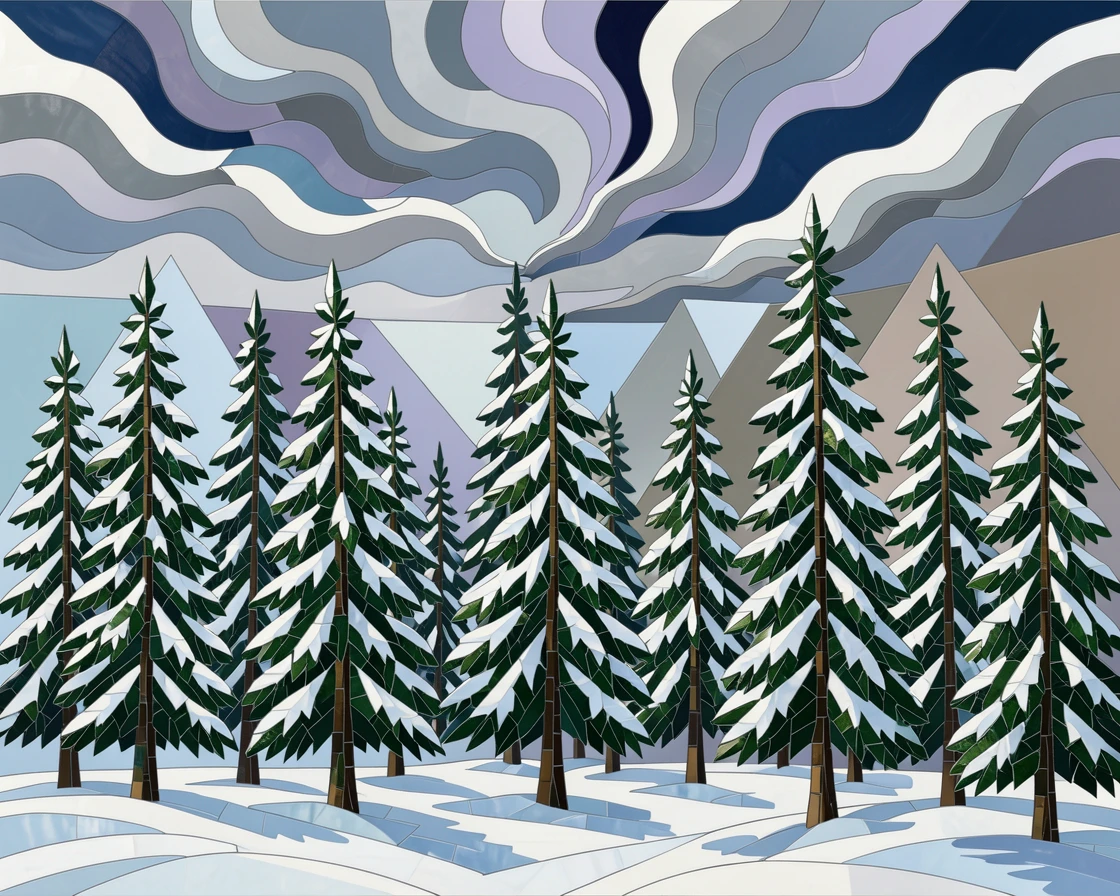 A wide panoramic view of a dense pine forest blanketed in fresh untouched snow, with dramatic clouds and rich natural color.