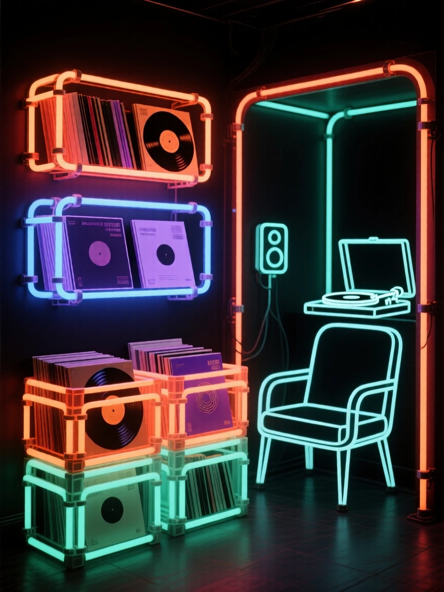 A vintage record shop with crates of albums and a listening booth.