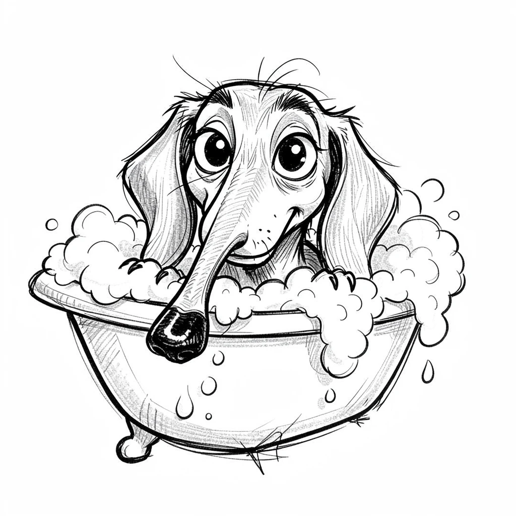 A dachshund peeking over the edge of a bathtub full of bubbles.