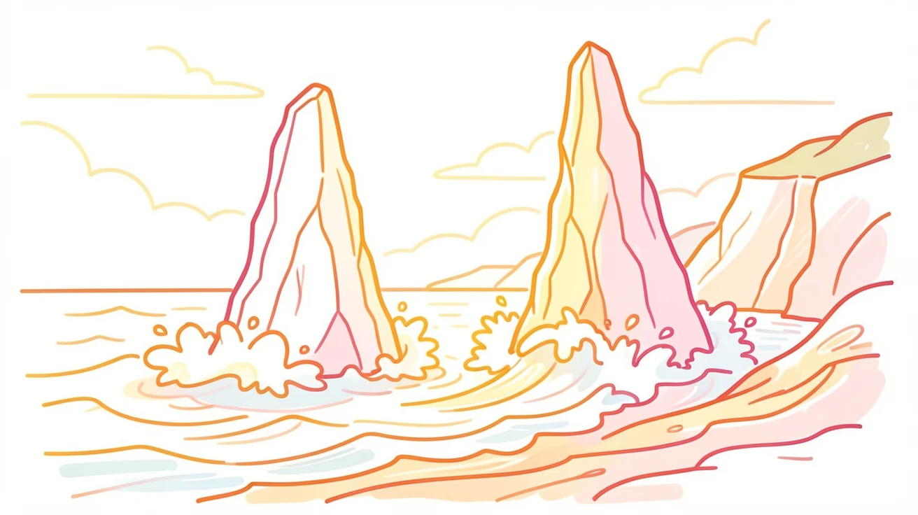 A rugged coastline with waves crashing against tall sea stacks at golden hour.