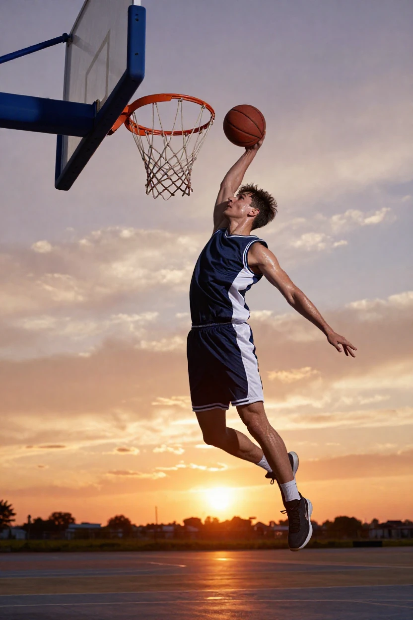A basketball player dunking against a sunset sky