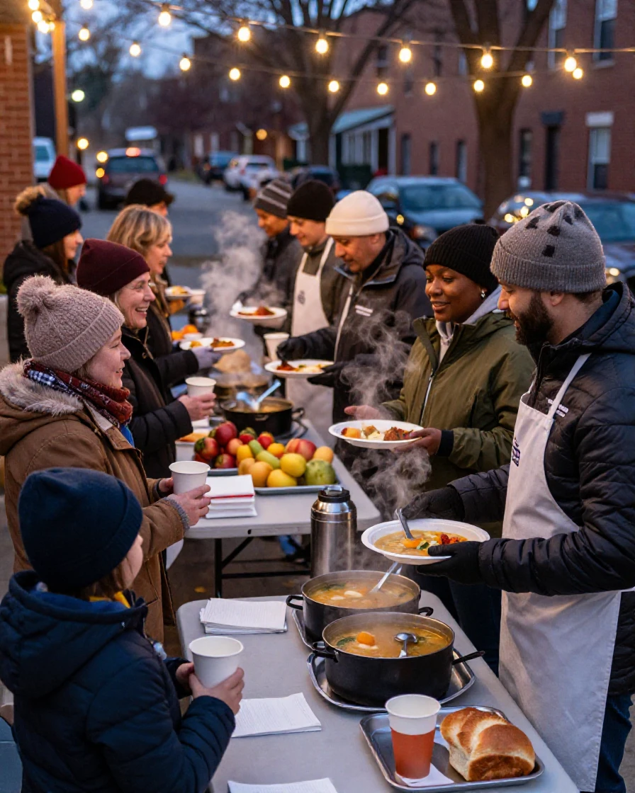 A group of volunteers serves warm meals at a community kitchen on a cold evening.