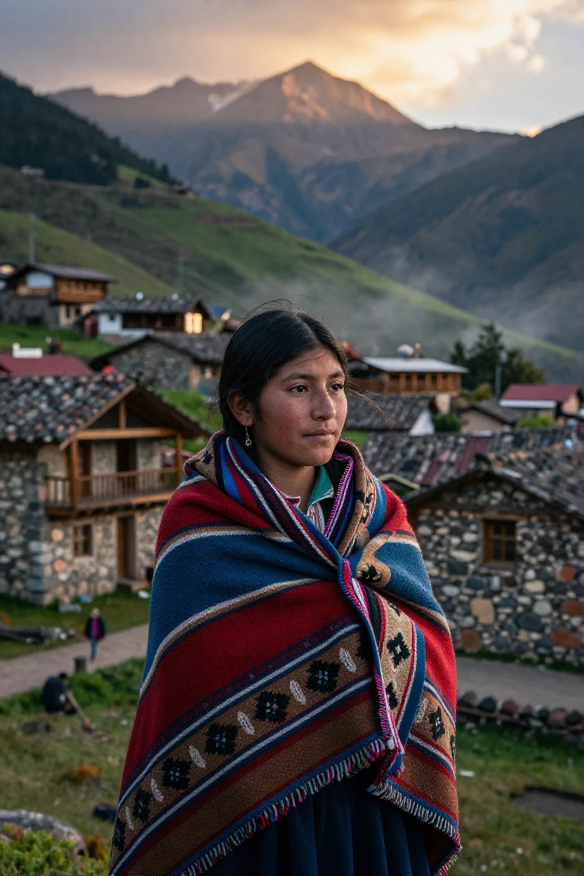 A young Peruvian artist wrapped in a thick woolen blanket in a quiet mountain village