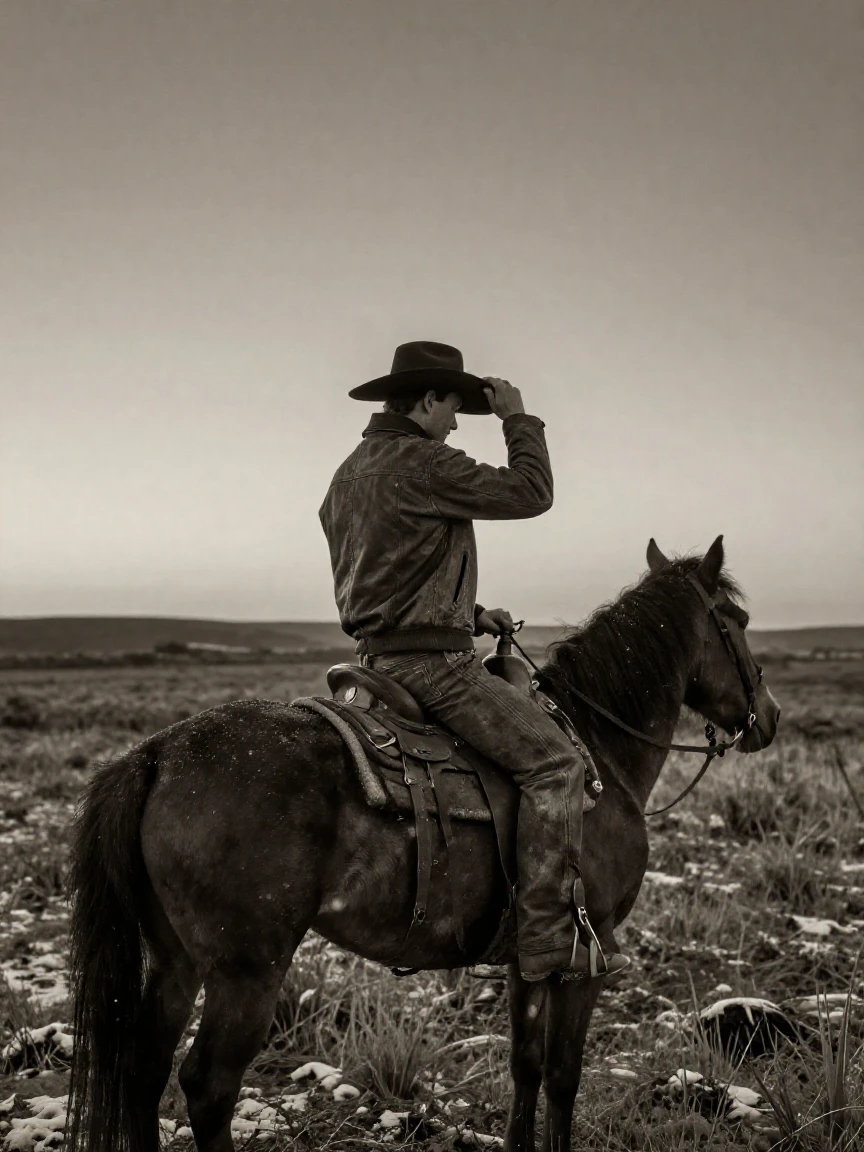A cowboy adjusting his hat astride a dusty horse, in the last light of dusk, in crisp, dry air, under the first snow of winter, with stark black-and-white contrast softened by a single warm hue, from behind, looking toward the horizon.