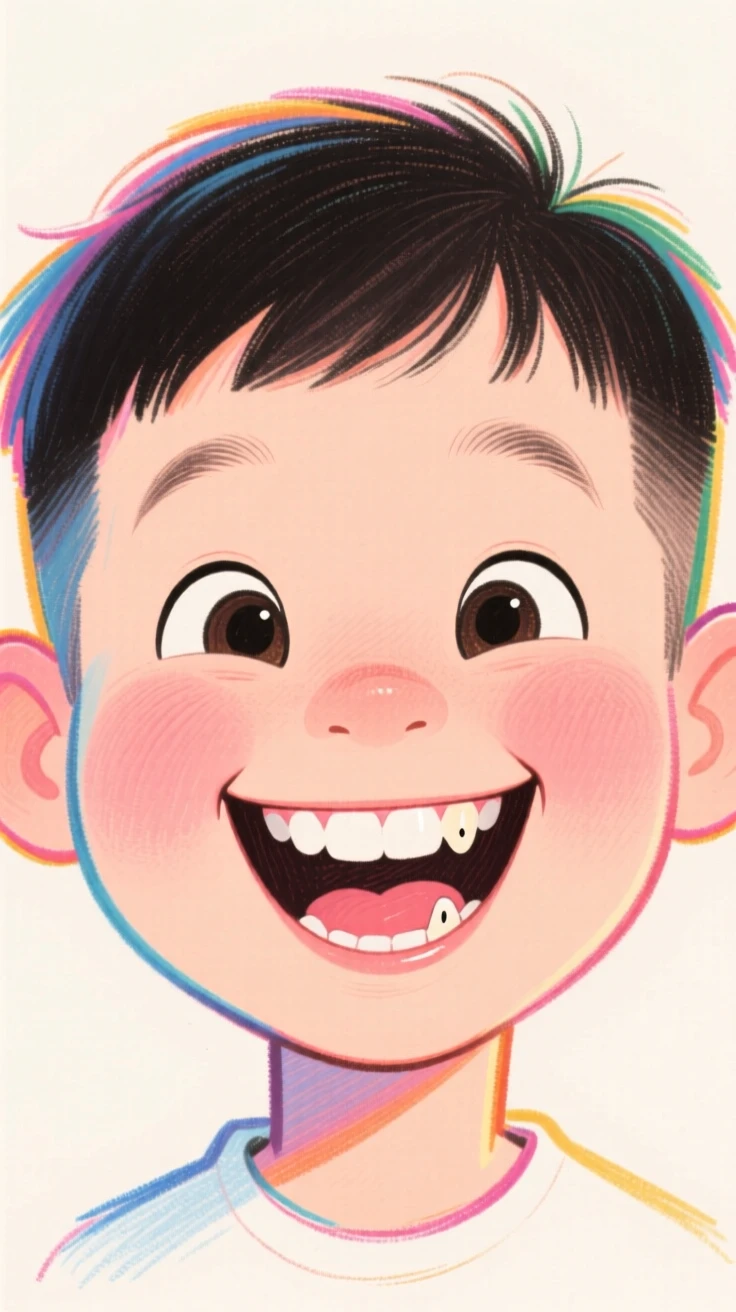 A little boy with a bowl haircut proudly displaying a gap where his tooth used to be.