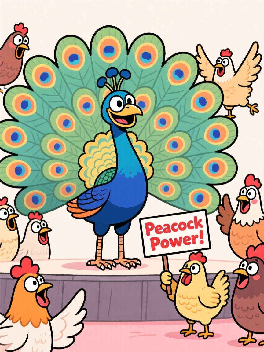 A playful pet moment featuring a proud peacock fanning its tail feathers in front of an admiring group of chickens.