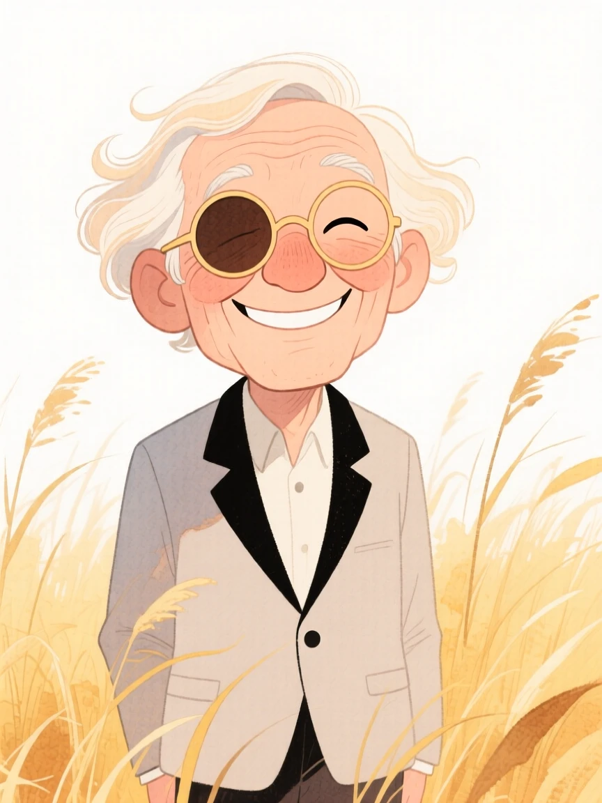 An elderly man with loose beach waves, winking playfully, wearing a tailored blazer and wearing round vintage sunglasses, in a field of tall golden grass