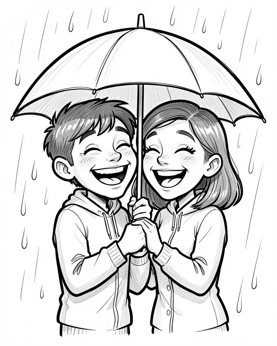 [Family & Relationship Moments] Heartwarming scene of a young couple sharing an umbrella and laughing in the rain, radiating love and warmth