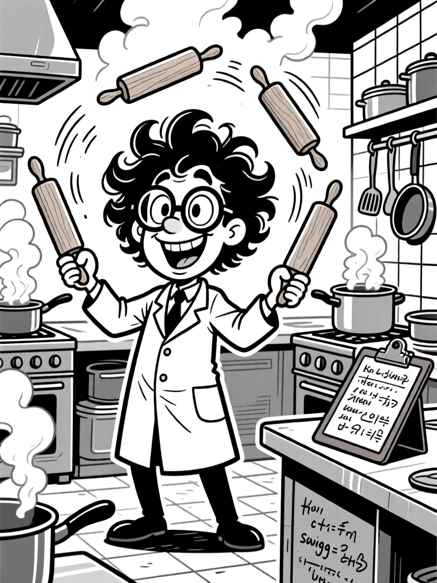 A quirky scientist with wild frizzy hair, juggling three rolling pins at once, set in a bustling restaurant kitchen filled with steam. A clipboard full of illegible notes rests nearby. There's pride and humor woven into the moment.