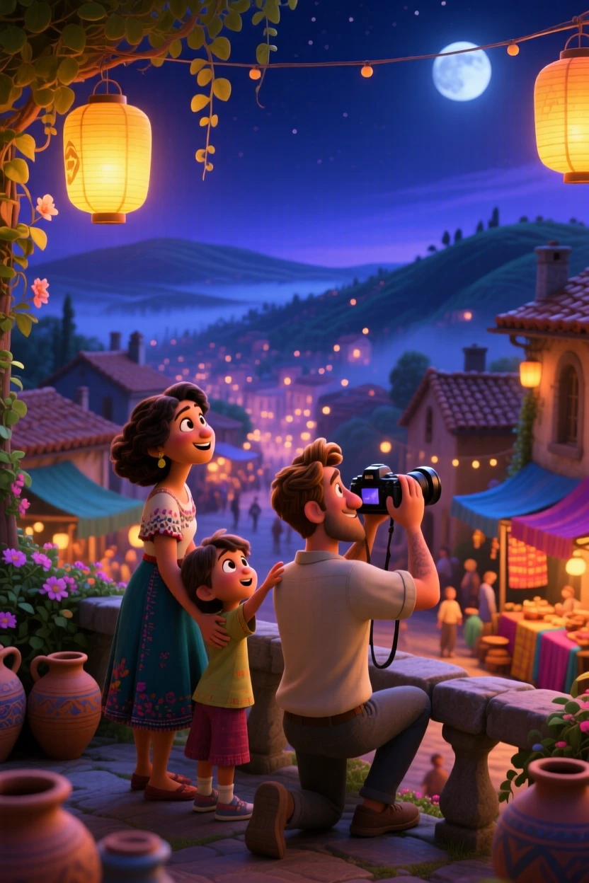 A family taking in the view stands at a bustling night market strung with lanterns, snapping a photo of the breathtaking landscape. The mood is adventurous, peaceful, and awe-inspiring, with terracotta rooftops stretching into the distance.