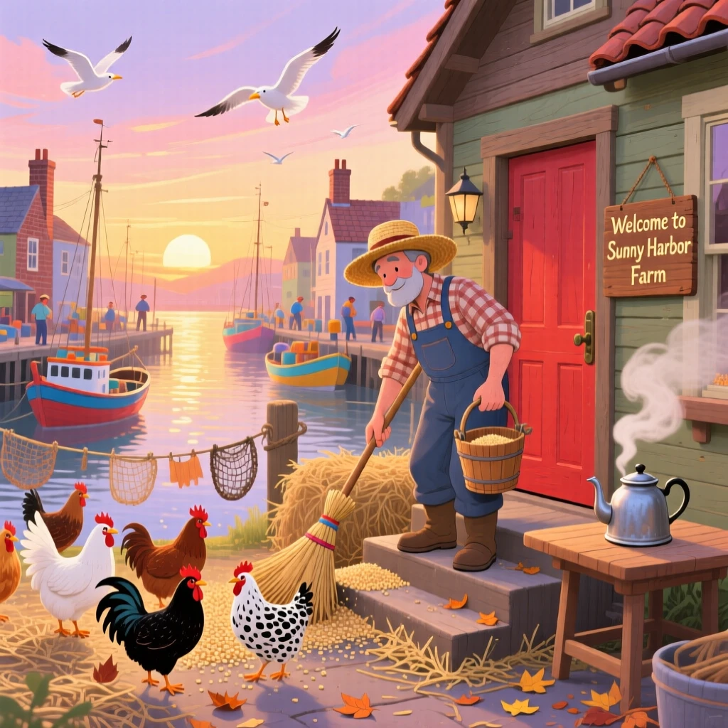 A farmer feeding chickens pauses while sweeping the front steps at sunrise in a bustling harbor town, as steam curls gently from a nearby teapot.
