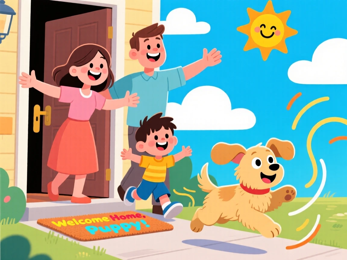 A family welcoming home a new puppy with open arms.