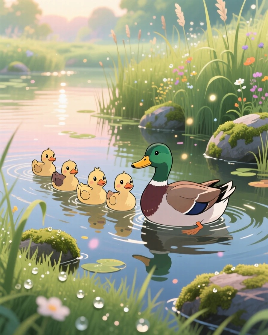 A family of ducklings following their mother across a pond, with morning dew glistening on the grass nearby, radiating pure charm.