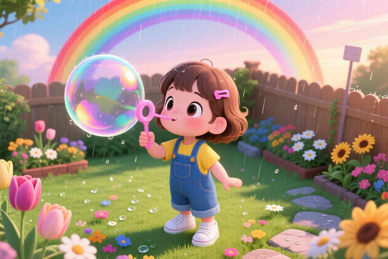 In a sunny backyard garden, a small girl in overalls is blowing an enormous soap bubble under a rainbow after the rain, bathed in soft pastel light of dawn, expression full of eager anticipation. Shot as a high aerial view.
