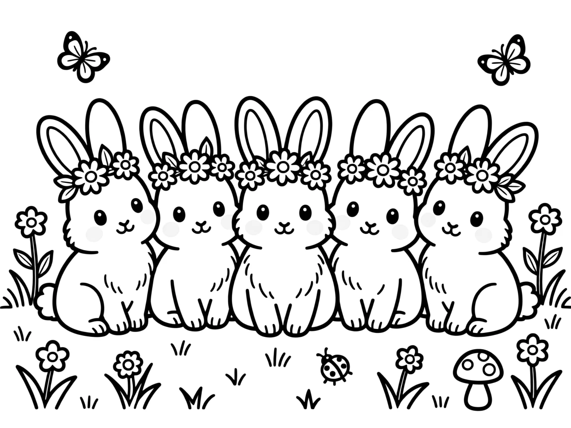 A litter of bunnies wearing tiny flower crowns