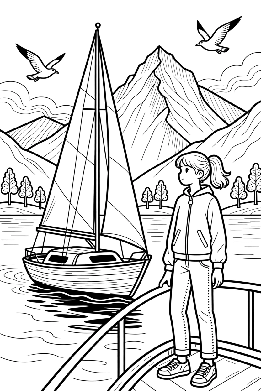 A sailboat cutting through calm turquoise water, with mountains rising dramatically in the background.