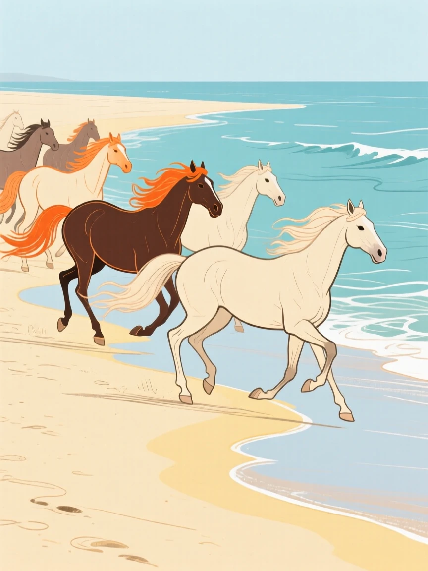 A herd of wild horses running along a wide open beach.