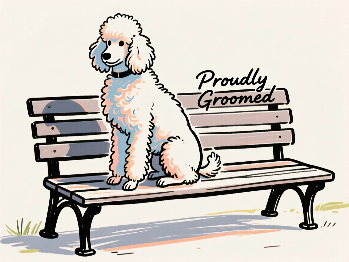 A poodle freshly groomed sitting proudly on a park bench.