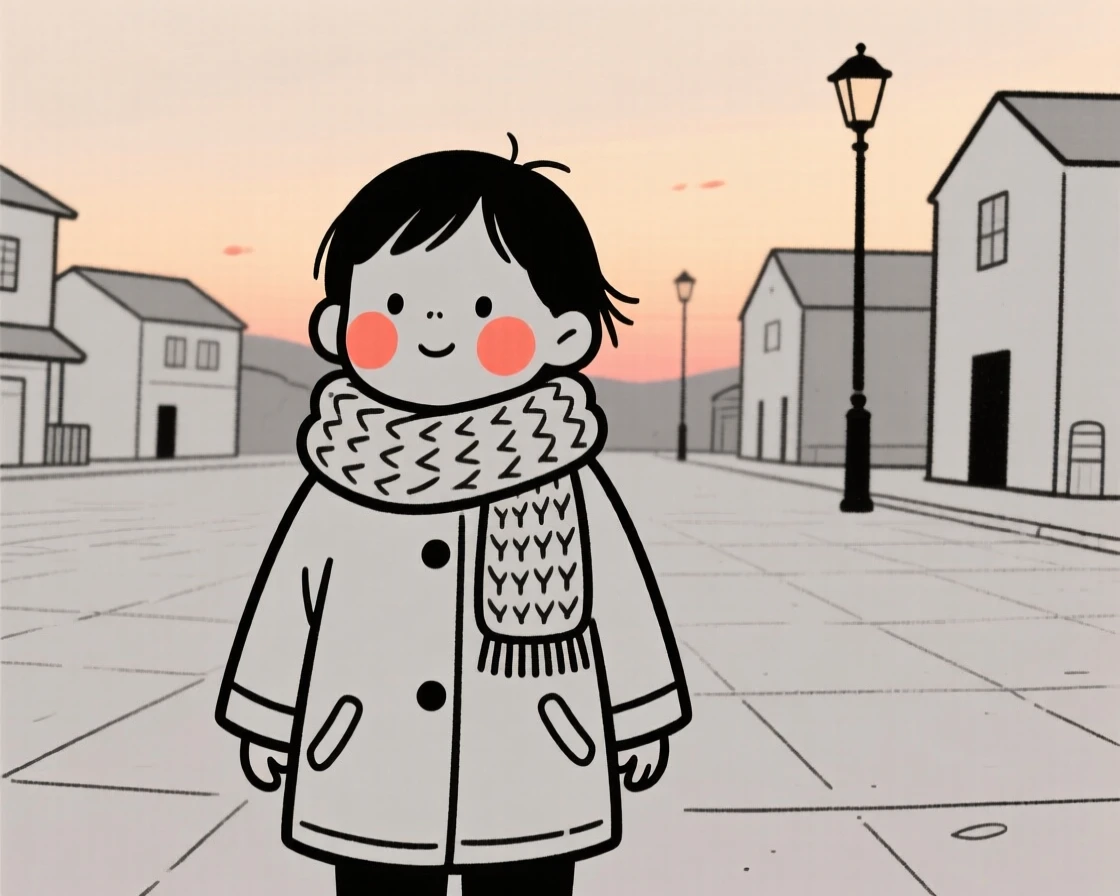 A toddler of Hawaiian heritage in a chunky knit scarf and coat, exuding gentle warmth, on a village square at dusk.