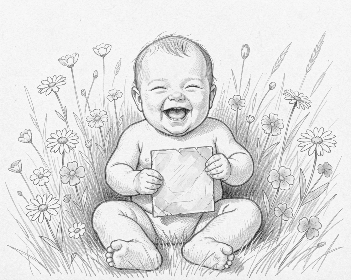 A tender portrait of a laughing newborn baby, clutching an old photograph, in a sunlit meadow of wildflowers.