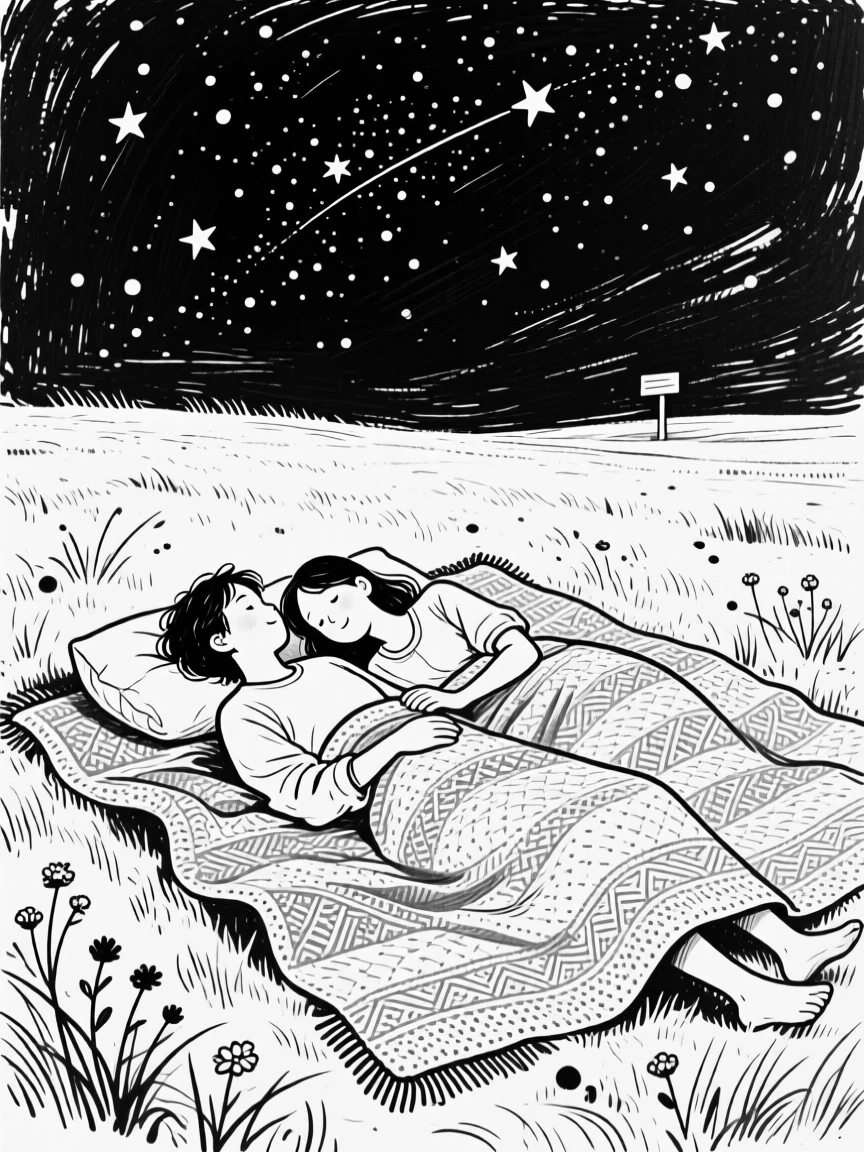 A young couple lying on a blanket stargazing in an open field at night.